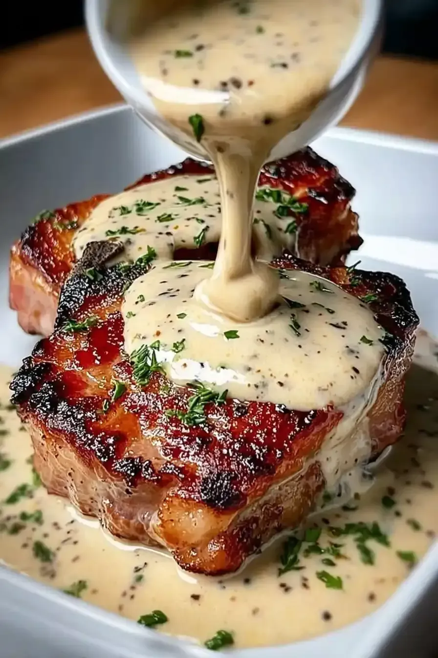 Maple Bacon Pork Chops with Creamy Dijon Mustard Sauce and Herbs - tertiary view
