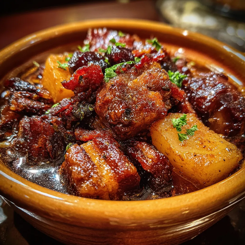 Hearty Pork Stew with Smoky Bacon, Sweet Apples, and Tender Prunes in Rich Broth - main view