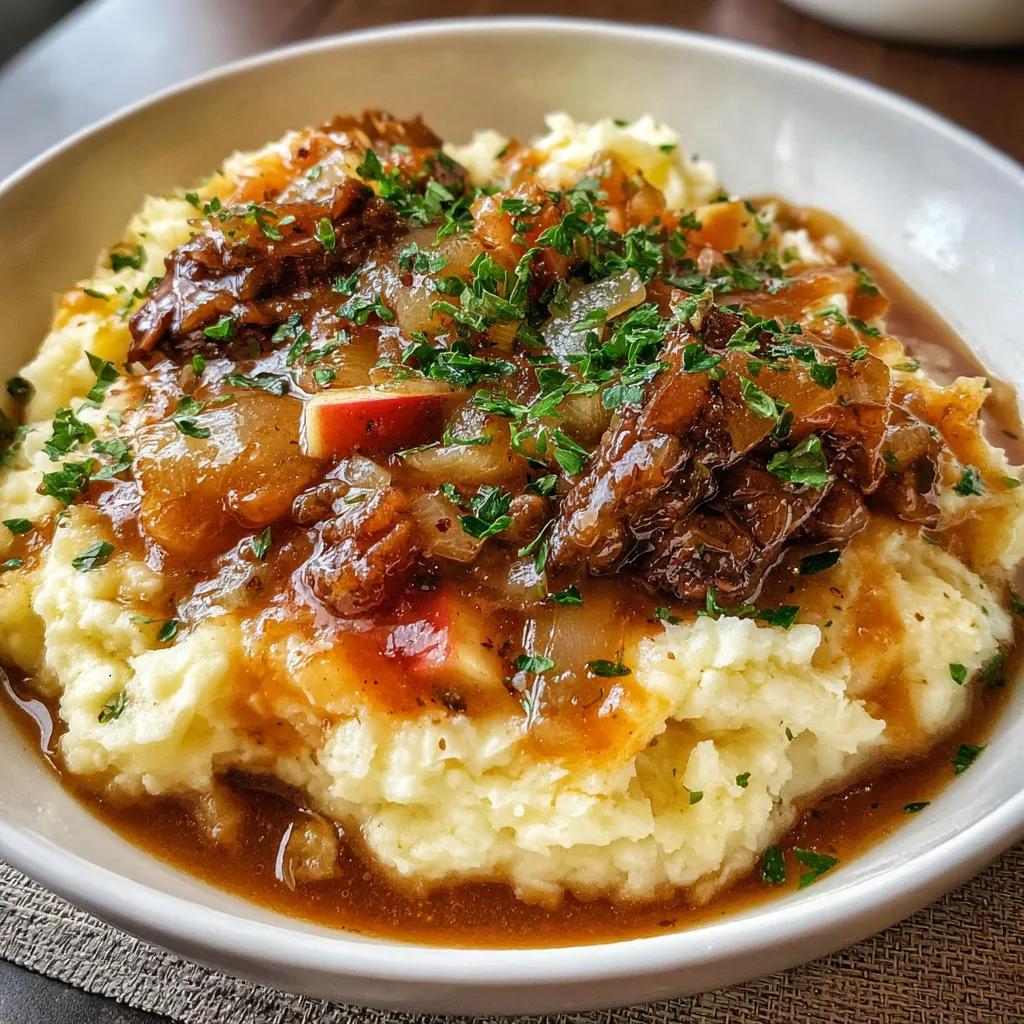 Hearty Fall Apple Cider Stew Served over Creamy Garlic Mashed Potatoes - main view
