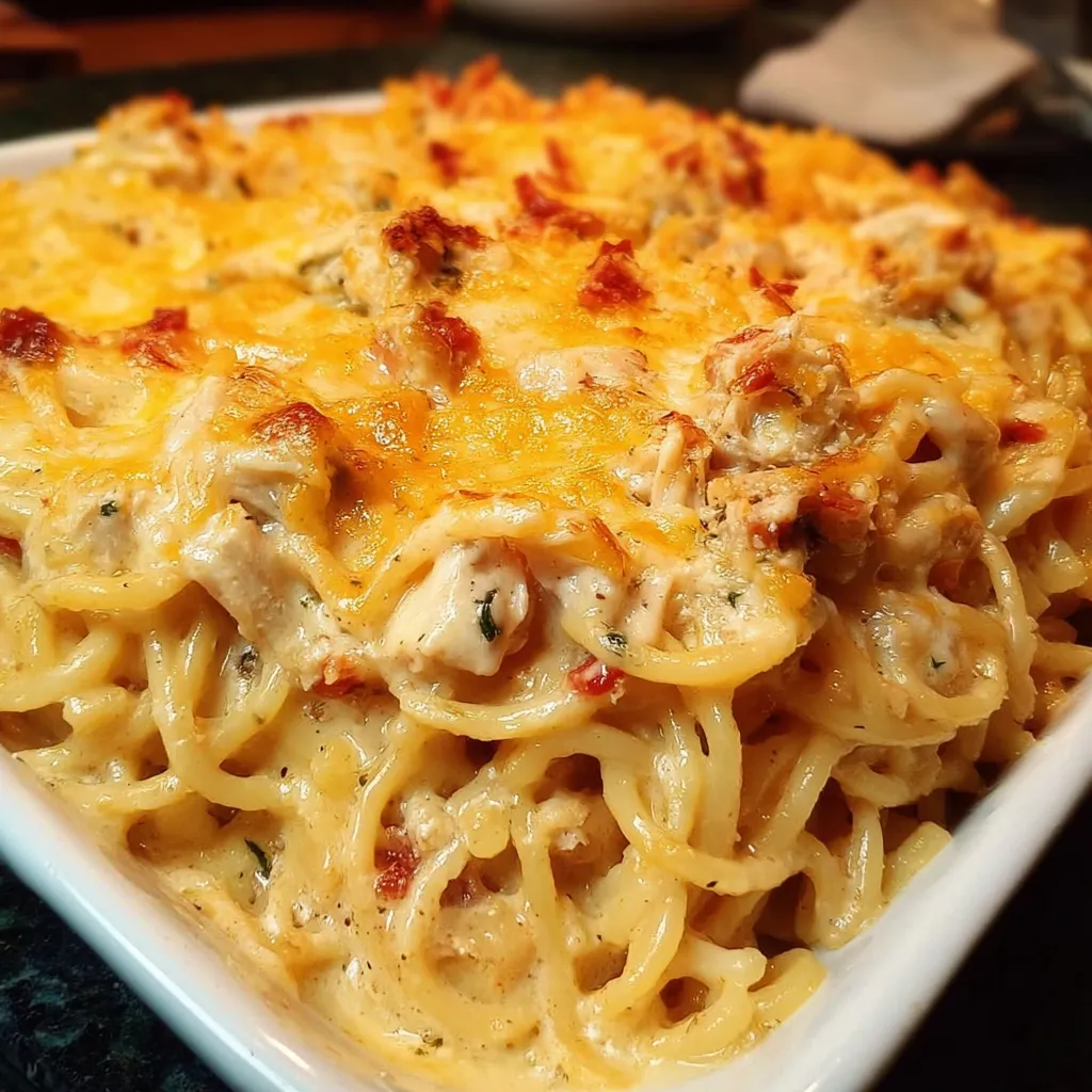 Homemade Southern Chicken Spaghetti Casserole with Creamy Cheese Sauce - main view