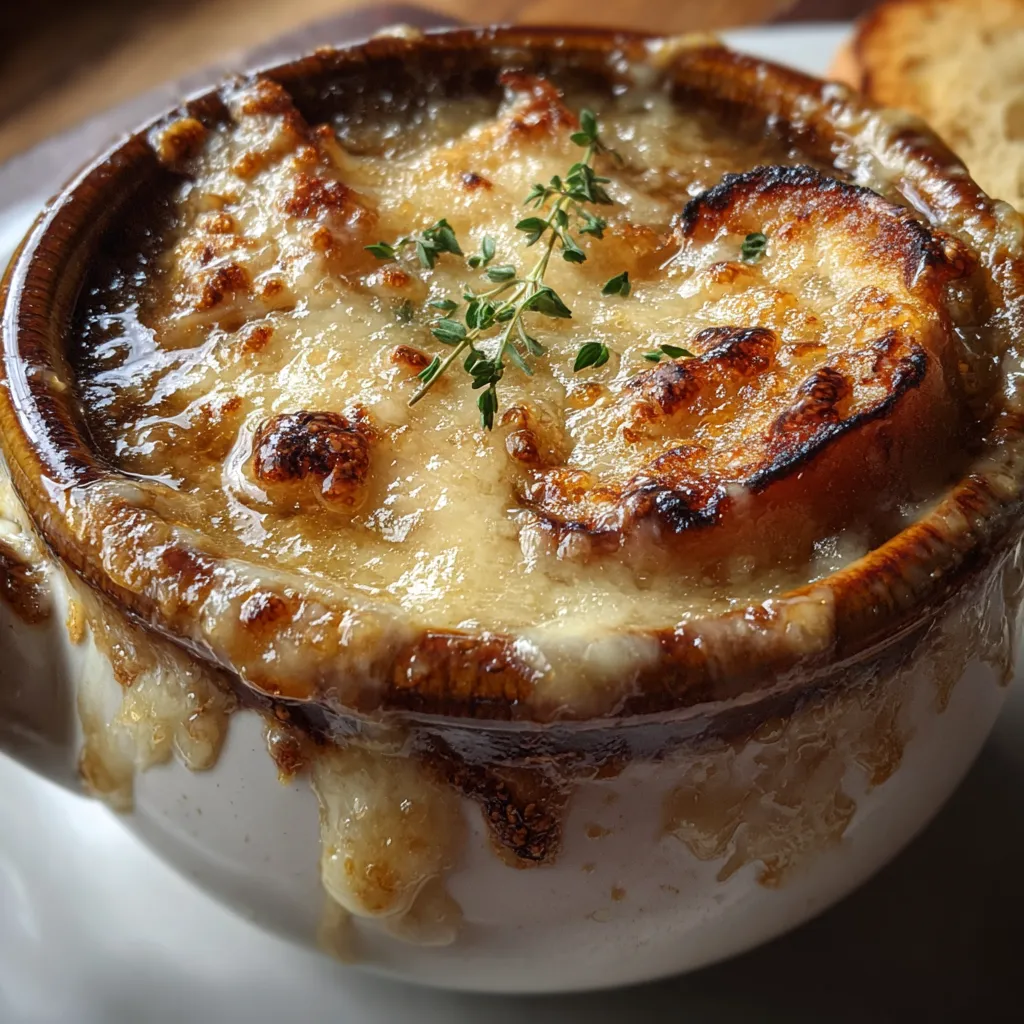 Classic French Onion Soup with Melted Gruyère Cheese and Toasted Bread - main view