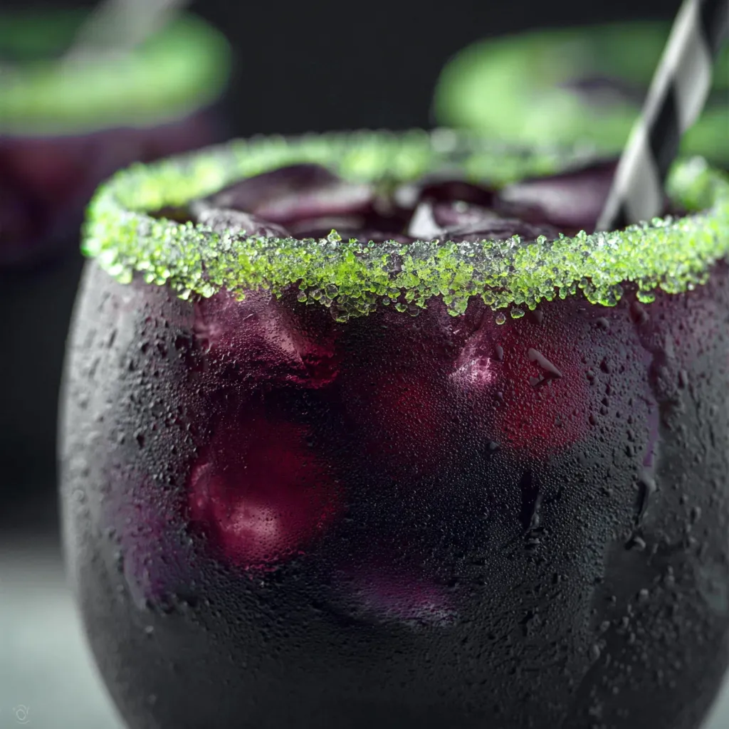 Drunk Witch Halloween Mocktail - Spooky Purple Blueberry Drink with Green Sugar Rim - main view