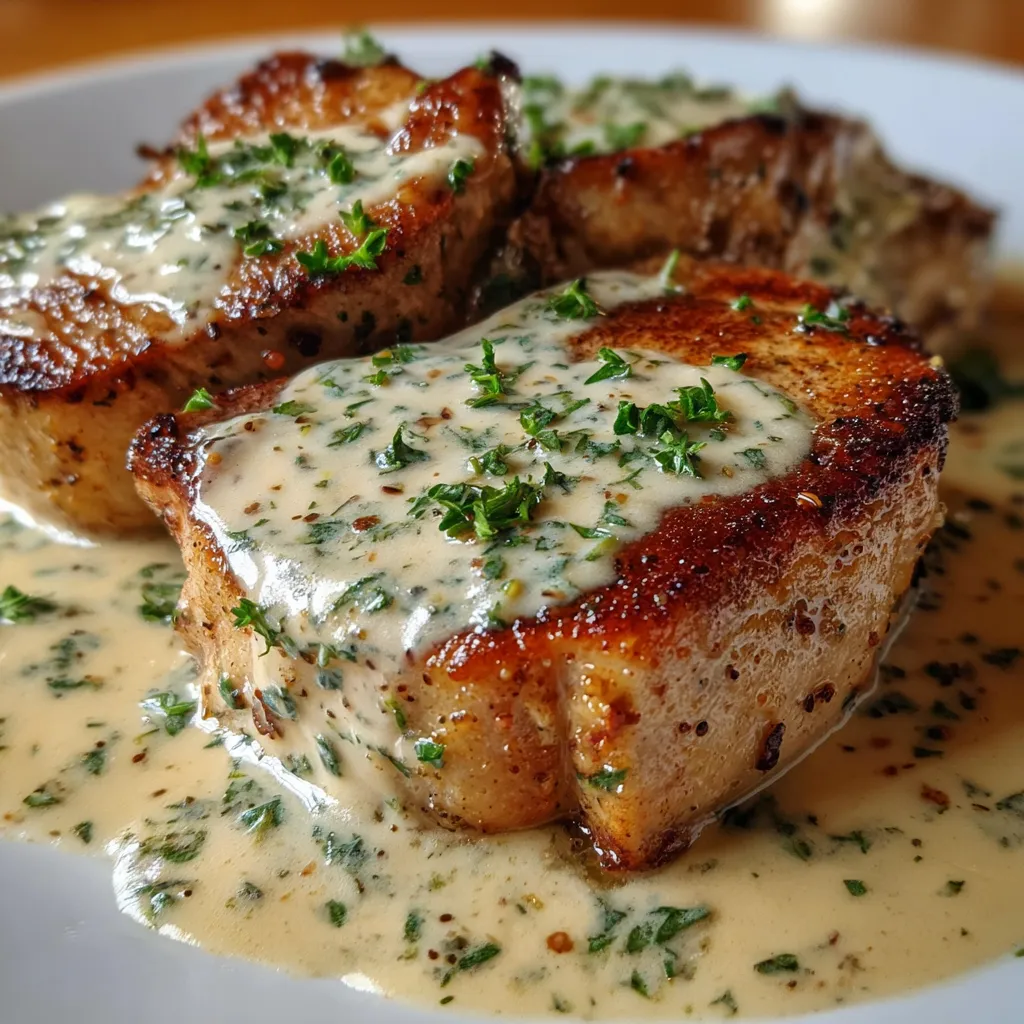 Garlic Parmesan Pork Chops with Herb Crust and Creamy Pan Sauce