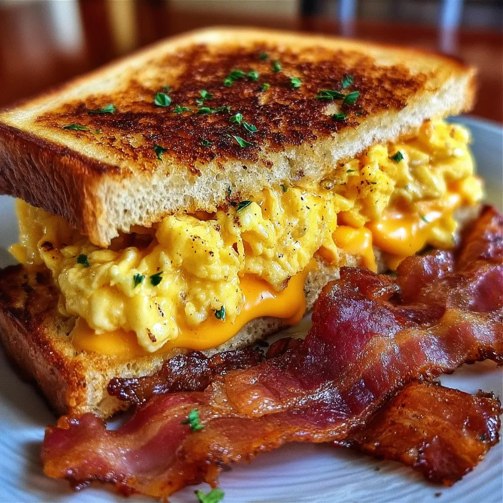 Ultimate Breakfast Grilled Cheese with Fluffy Scrambled Eggs and Crispy Bacon