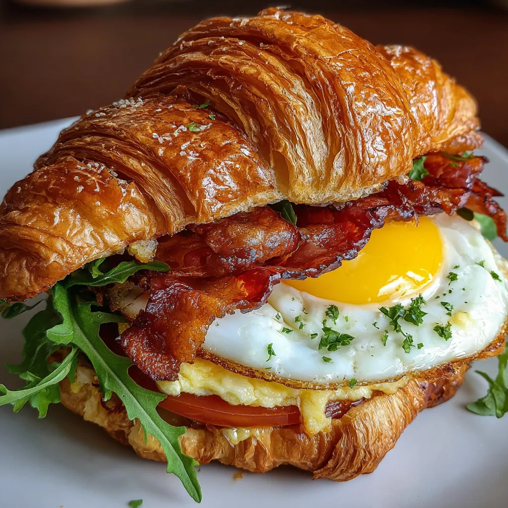 Ultimate Breakfast Croissant Sandwich with Scrambled Eggs and Crispy Bacon - main view