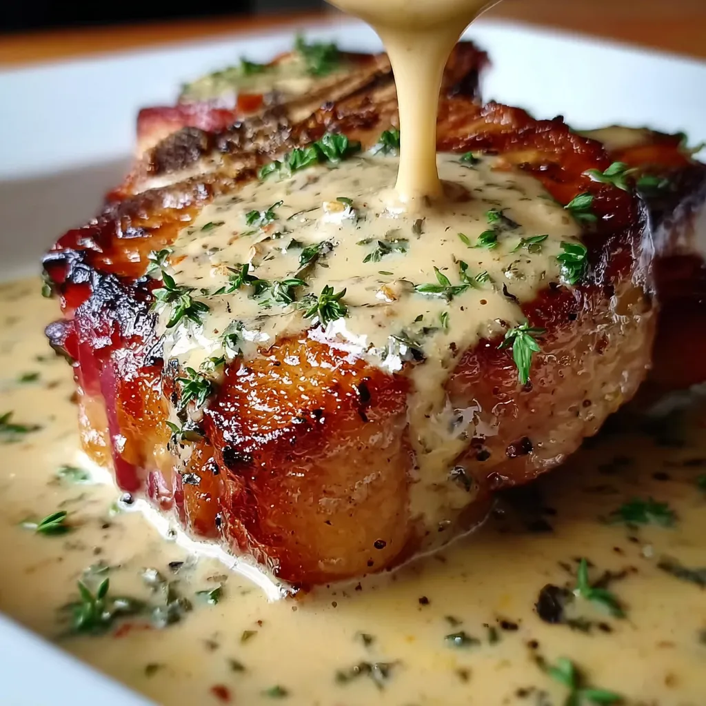 Maple Bacon Pork Chops with Creamy Dijon Mustard Sauce and Herbs - main view