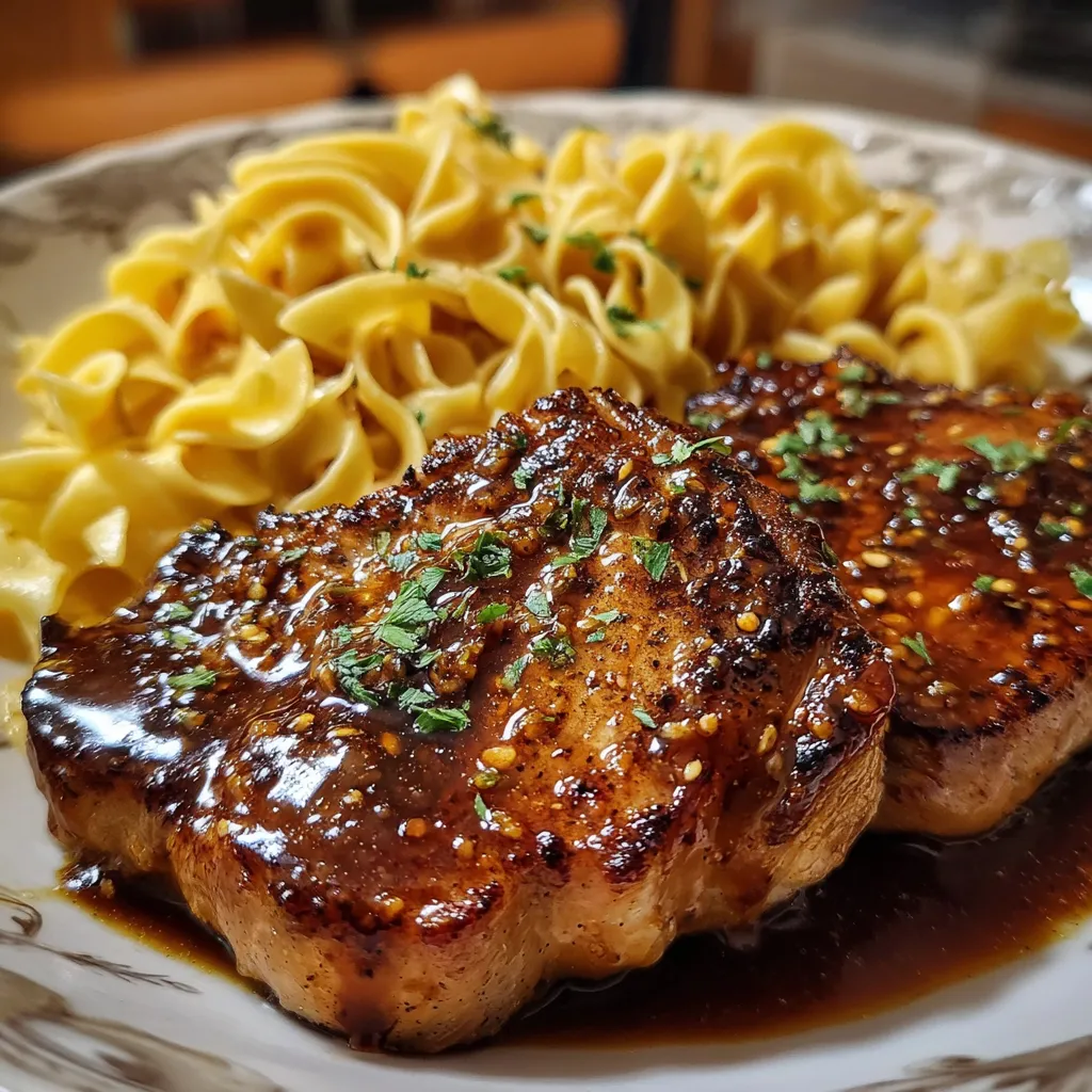 Honey Garlic Glazed Pork Chops with Creamy Buttered Egg Noodles - main view