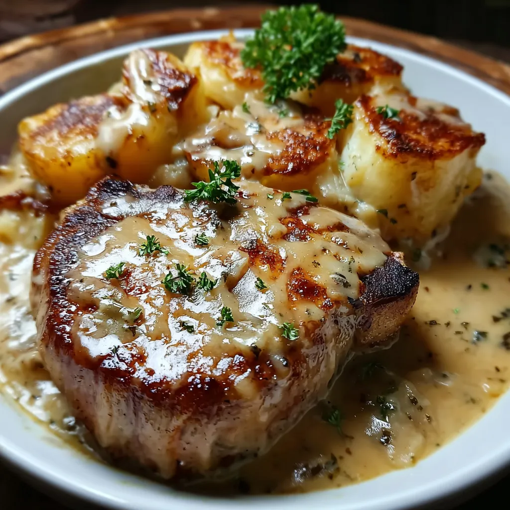 Indulgent Smothered Pork Chop and Scalloped Potato Casserole with Rich Gravy - main view