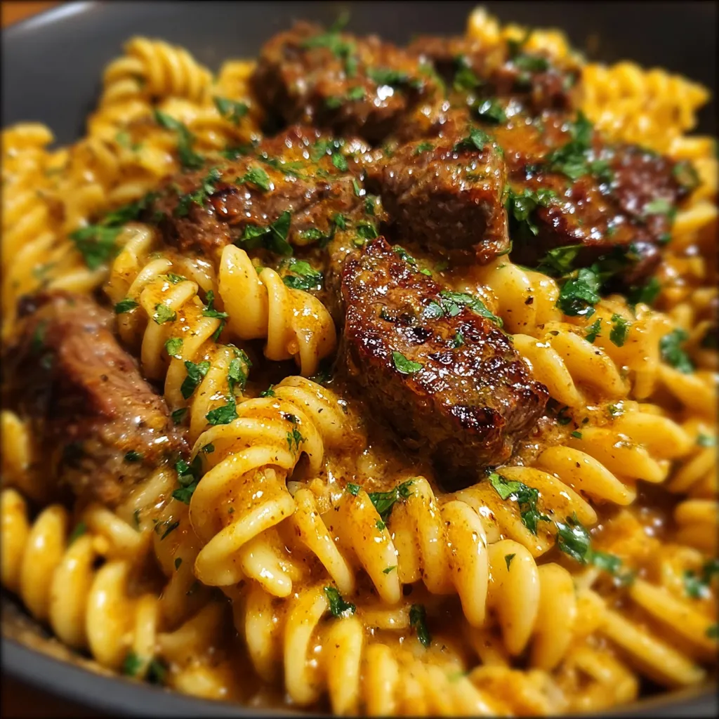 One-Pot Creamy Spicy Garlic Butter Steak and Pasta with Fresh Herbs