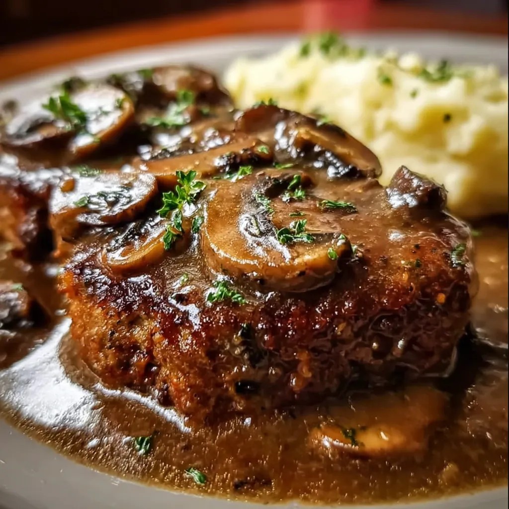 Classic Homestyle Meatloaf with Rich Creamy Mushroom Gravy and Mashed Potatoes - main view