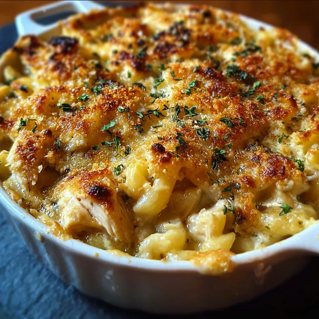 Creamy French Onion Chicken Macaroni and Cheese with Caramelized Onions and Gruyère - main view